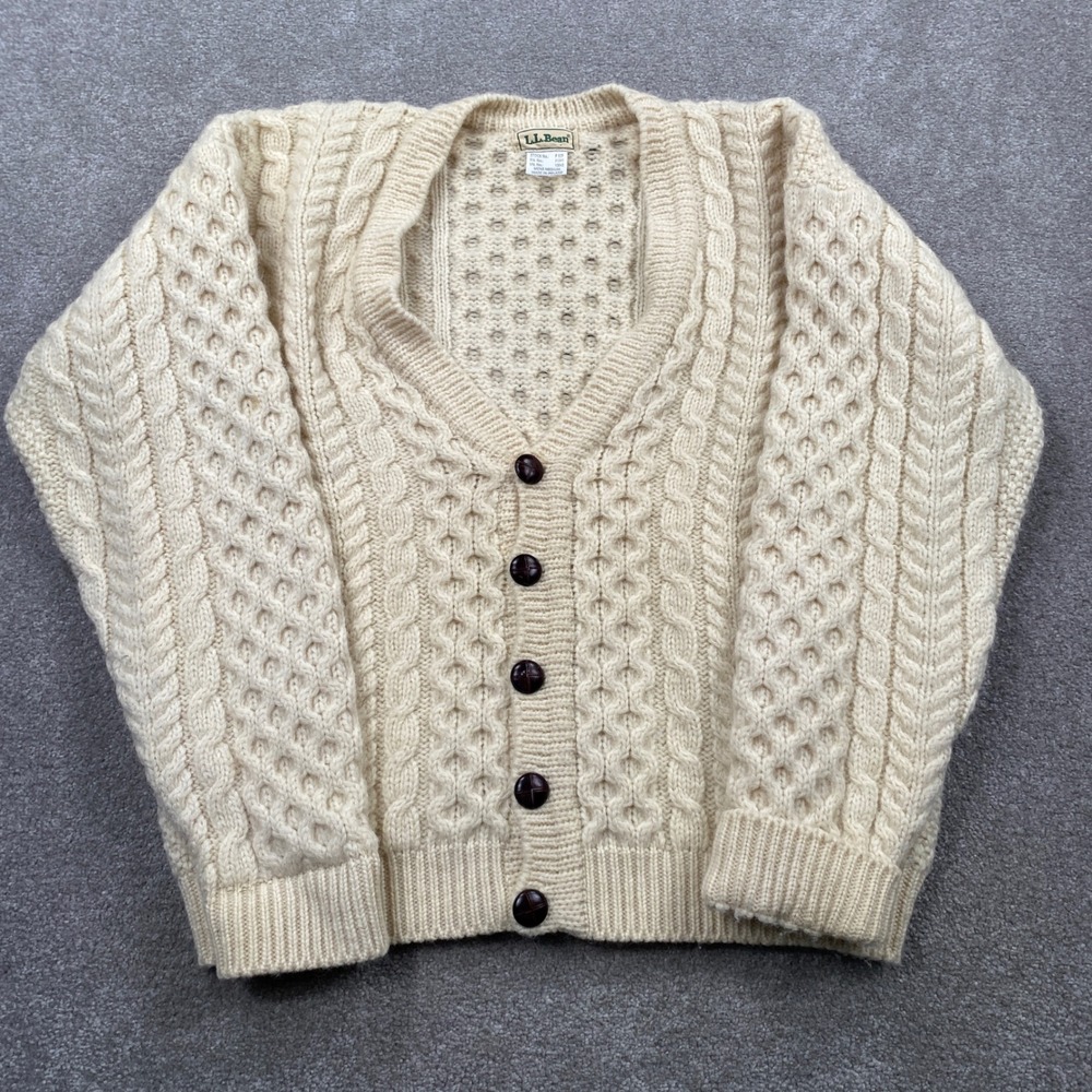 LL Bean Cardigan Sweater Mens Medium Cream Wool Cable Knit Ireland F929